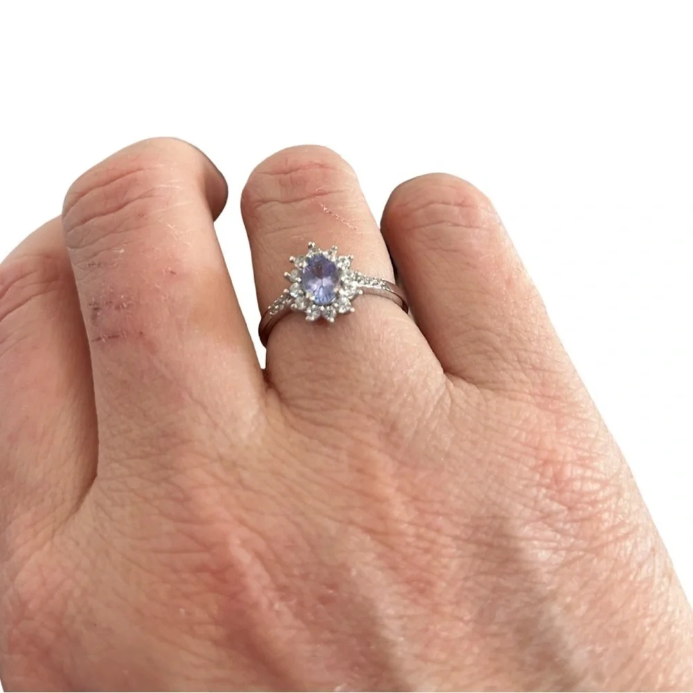 Tanzanite & White Zircon Sunburst Ring Platinum Over Sterling Silver 1.00 CTW